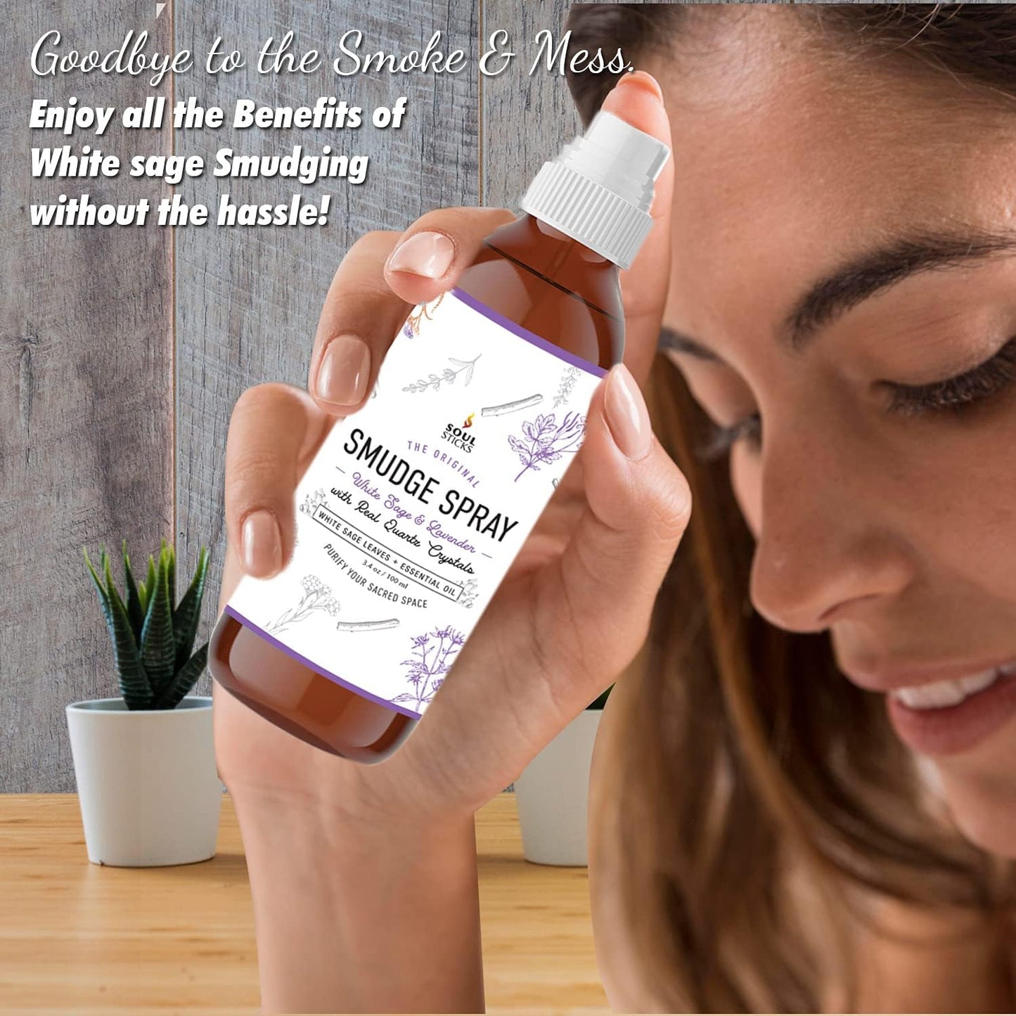 SOUL STICKS White Sage & Lavender Smudge Spray – 3.5oz Smokeless Mist with Quartz Crystals – Calming Essential Oil Spray for Sleep, Stress Relief, Meditation, and Energy Cleansing