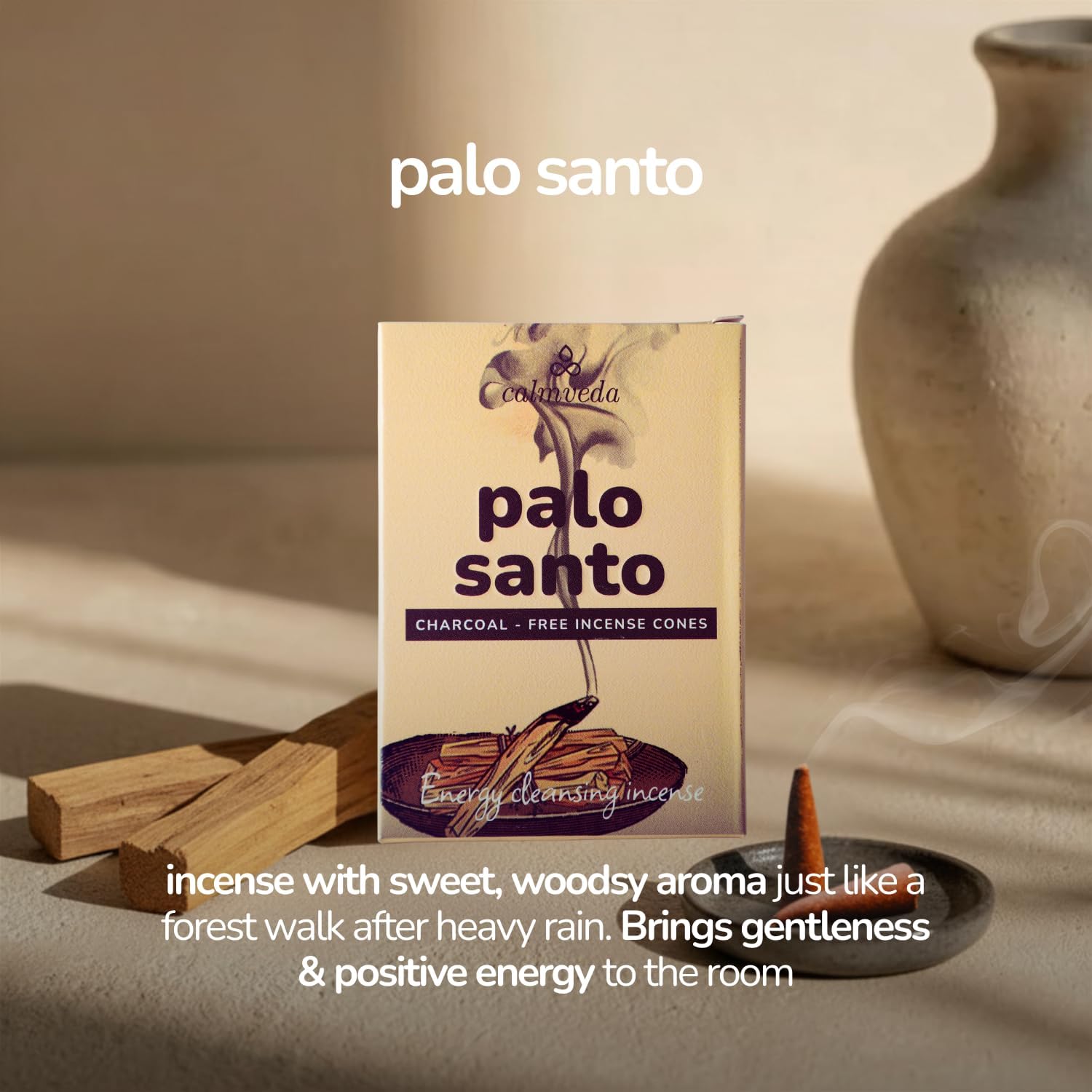 CALMVEDA Sacred Energy Incense Cones - Value Pack of 24 Fragrant Cone (Palo Santo Cones & Dragons Blood Incense Cones) Charcoal-Free & Handmade from Upcycled Sacred Flowers|for Energy Cleansing
