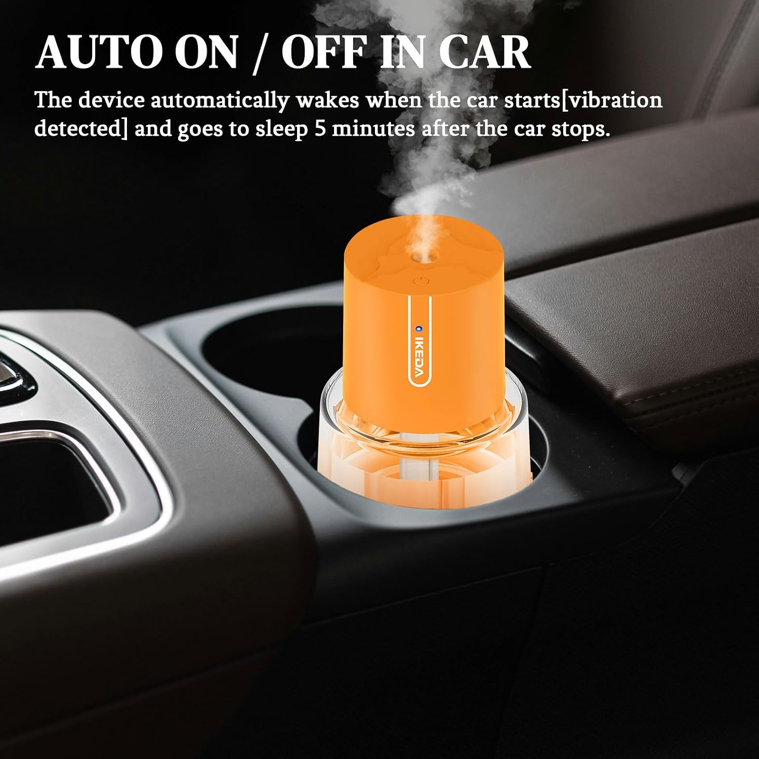 Ikeda Car Diffusers for Essential Oils,100ml Glass Car Essential Oil Diffuser, Smart Car Air Freshener with 3 Adjustable Modes, Auto On/Off & 300mAH Battery Operated Car Aroma Diffuser, Orange