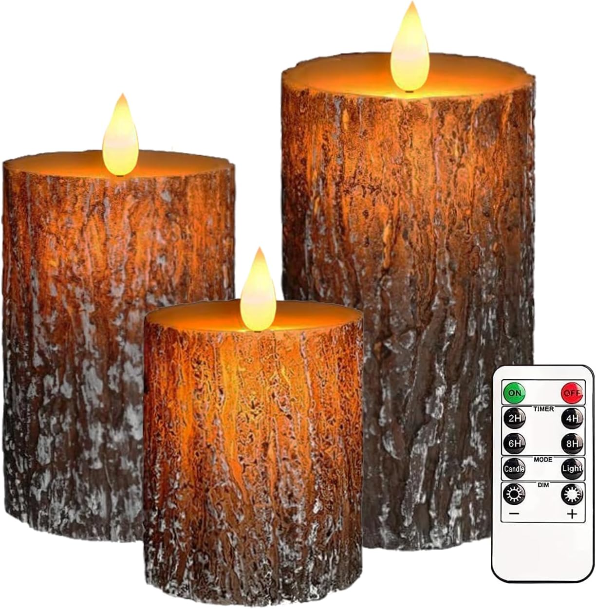 VEEKI Flameless Candles Lights, Set of 3 Battery Operated Flickering Flameless Candles with Remote & Timer, Dimmable LED Pillar Candles, Pine Bark Electric LED Candles for Christmas Winter Home Decor