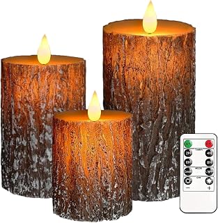 VEEKI Flameless Candles Lights, Set of 3 Battery Operated Flickering Flameless Candles with Remote & Timer, Dimmable LED Pillar Candles, Pine Bark Electric LED Candles for Christmas Winter Home Decor