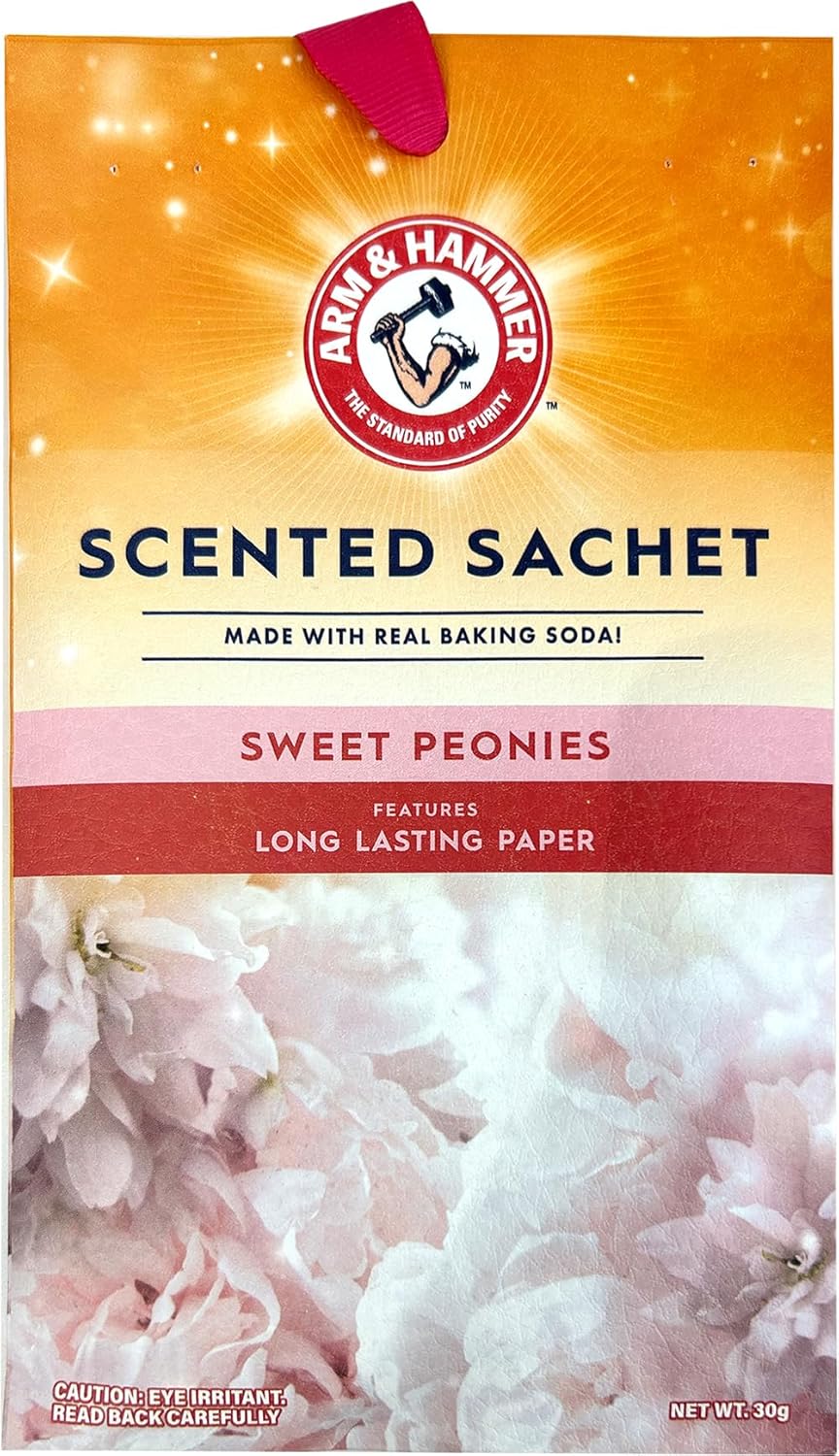 ARM & HAMMER 3 Pack Scented Sachets for Drawers & Closet with Hanging Ribbon, Real Baking Soda (Sweet Peonies)