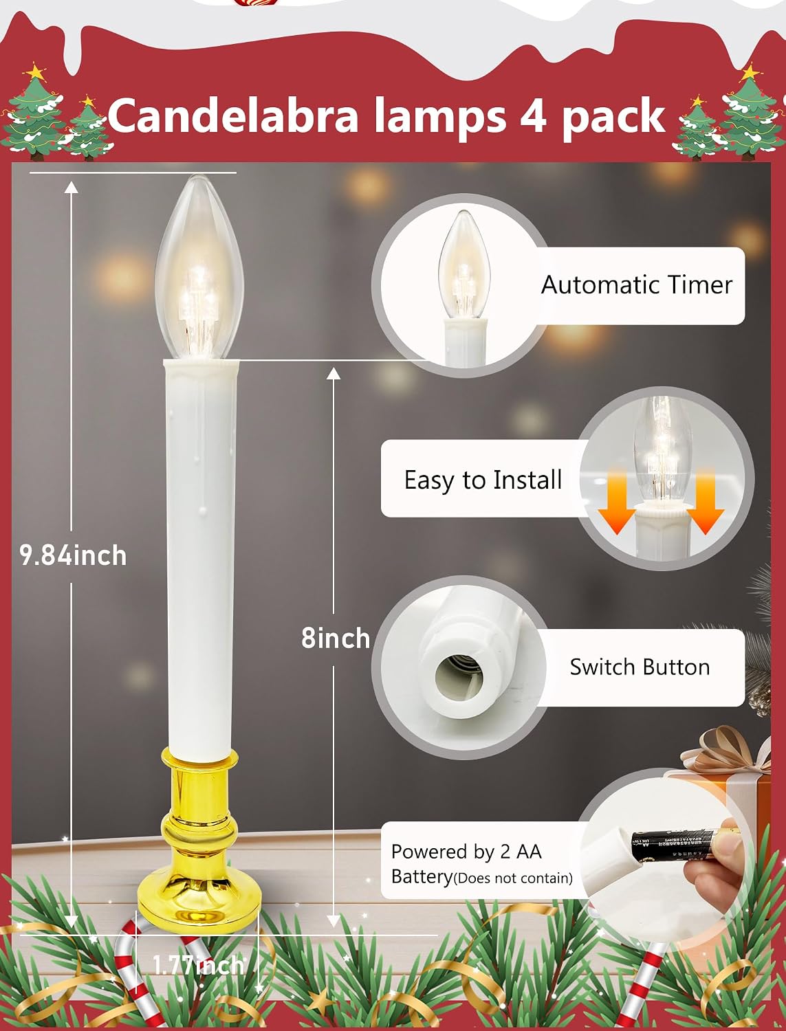 4 Pack Christmas Battery Operated Window Candles with Timer (6-18H), Wireless Window Candle Light with Gold Candlestick Base, C26 LED Bulb Candle Lamp for Home Party Valentines Decor, 4 Suction Cups