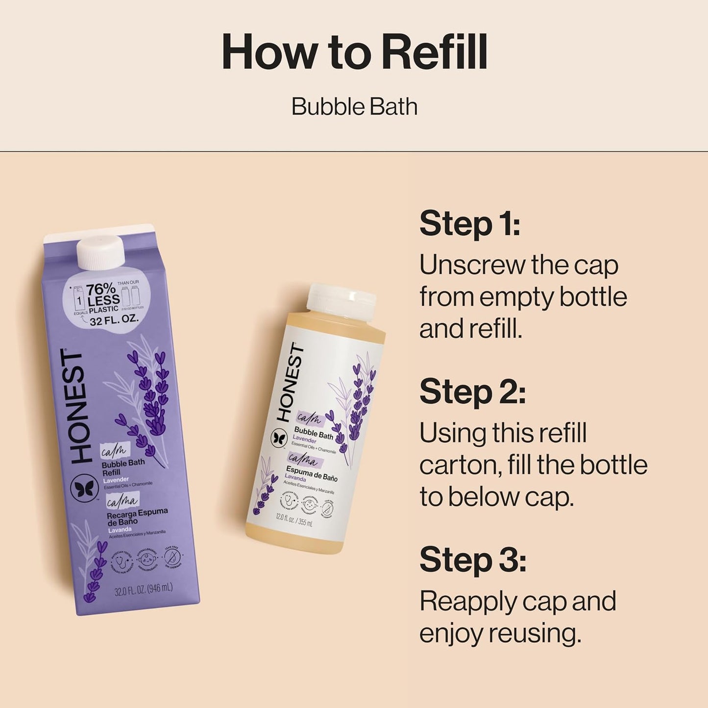 The Honest Company Foaming Bubble Bath Refill, Lavender Calm Scent, Tear-Free, Hypoallergenic, Naturally Derived, Gentle for Baby, 32 fl oz