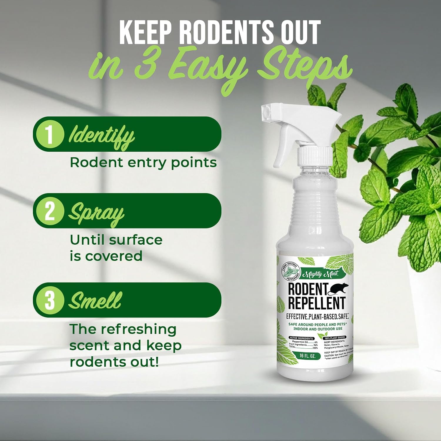 Mighty Mint Peppermint Oil Rodent Repellent Spray – Natural Indoor & Outdoor Control for Mice and Rats – Plant-Based, Extra-Strong Formula - 16 oz
