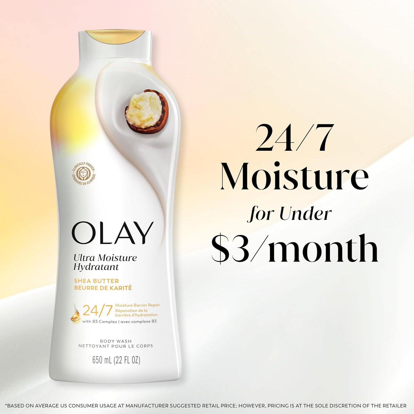 Olay Body Wash for Women, Ultra Moisture, 24hr Moisturizing, Hydrating & Refreshing, B3 Vitamin Complex, Free of Parabens & Phthalates, For All Skin Types, Shea Butter Scent, 22 fl oz
