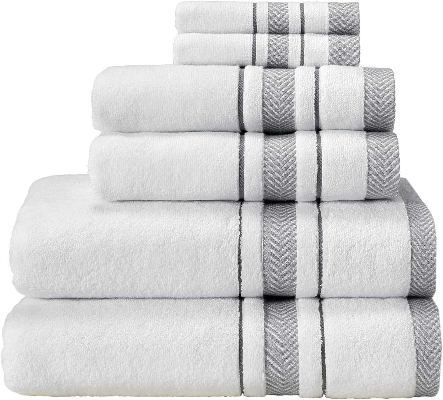 Bath Towels Set for Bathroom – Luxury 6-Piece Cotton Towels, Soft Absorbent & Quick Dry, 600 GSM Bath Towels for Bathroom, Hotel Spa Quality (2 Bath, 2 Hand, 2 Washcloths, White Grey Stripe)