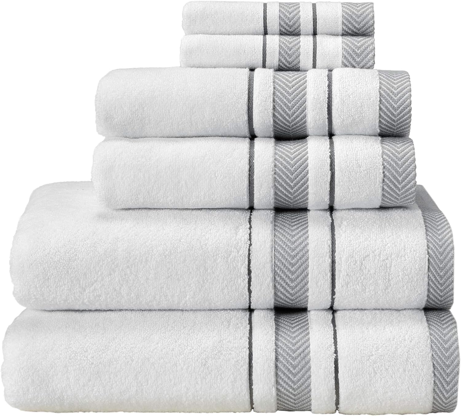Bath Towels Set for Bathroom – Luxury 6-Piece Cotton Towels, Soft Absorbent & Quick Dry, 600 GSM Bath Towels for Bathroom, Hotel Spa Quality (2 Bath, 2 Hand, 2 Washcloths, White Grey Stripe)