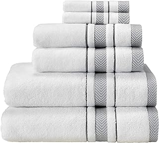 Bath Towels Set for Bathroom – Luxury 6-Piece Cotton Towels, Soft Absorbent & Quick Dry, 600 GSM Bath Towels for Bathroom, Hotel Spa Quality (2 Bath, 2 Hand, 2 Washcloths, White Grey Stripe)