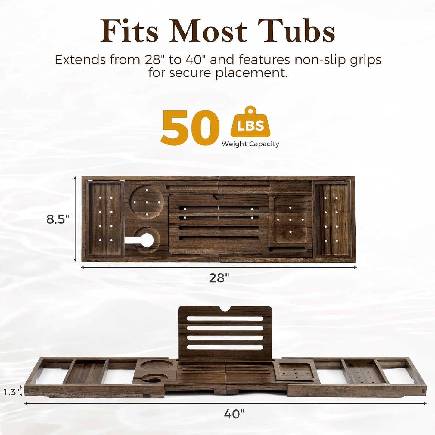 Teak Bathtub Tray, Expandable Bath Tray for Tub 28–40in, Foldable Bath Caddy with Wine Holder, Phone & Tablet Stand, Wooden Bathtub Organizer, Luxury Spa Bathroom Accessories Gift - Dark Walnut Finish