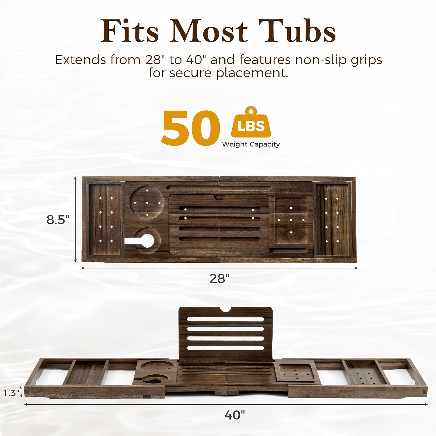 Teak Bathtub Tray, Expandable Bath Tray for Tub 28–40in, Foldable Bath Caddy with Wine Holder, Phone & Tablet Stand, Wooden Bathtub Organizer, Luxury Spa Bathroom Accessories Gift - Dark Walnut Finish