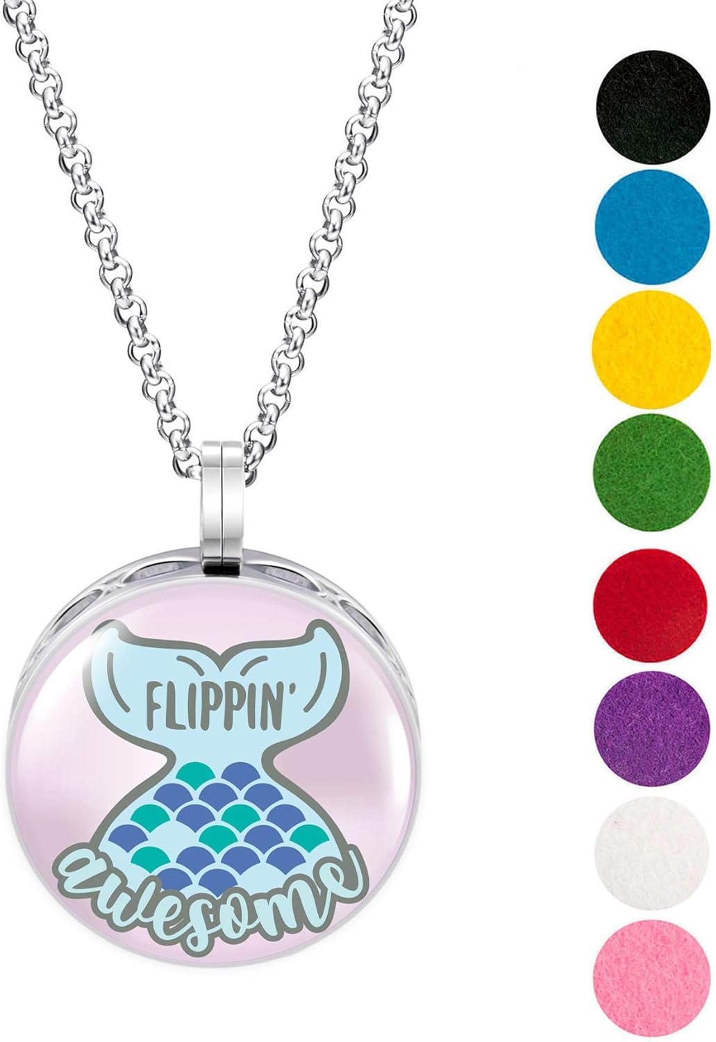 Wild Essentials Flippin Awesome Mermaid Necklace Essential Oil Diffuser Kit, Lavender, Lemongrass, Peppermint, Orange Oils, 8 Refill Pads, Calming Aromatherapy Gift Set, Customizable, Perfume