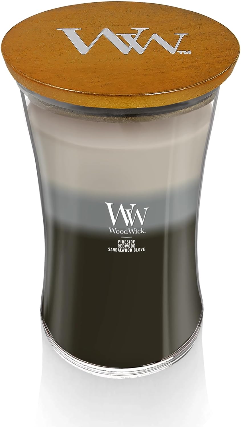 WoodWick Warm Woods Trilogy Holiday Candle Gifts for Women and Men, 21.5 oz Large Hourglass Trilogy Candle with Crackling Wick