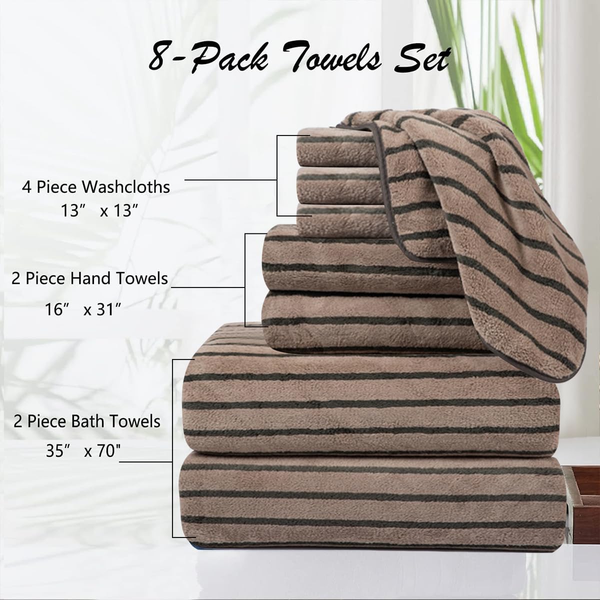8 Pcs Polyester Brown Cabana Stripe Large Bath Towel Set-2 Bathroom Towels,2 Hand Towels,4 Washcloths Lightweight 600GMS Bath Sheet Absorbent Shower Towel Quick Dry Beach Chair Spa Gym Hotel Towels