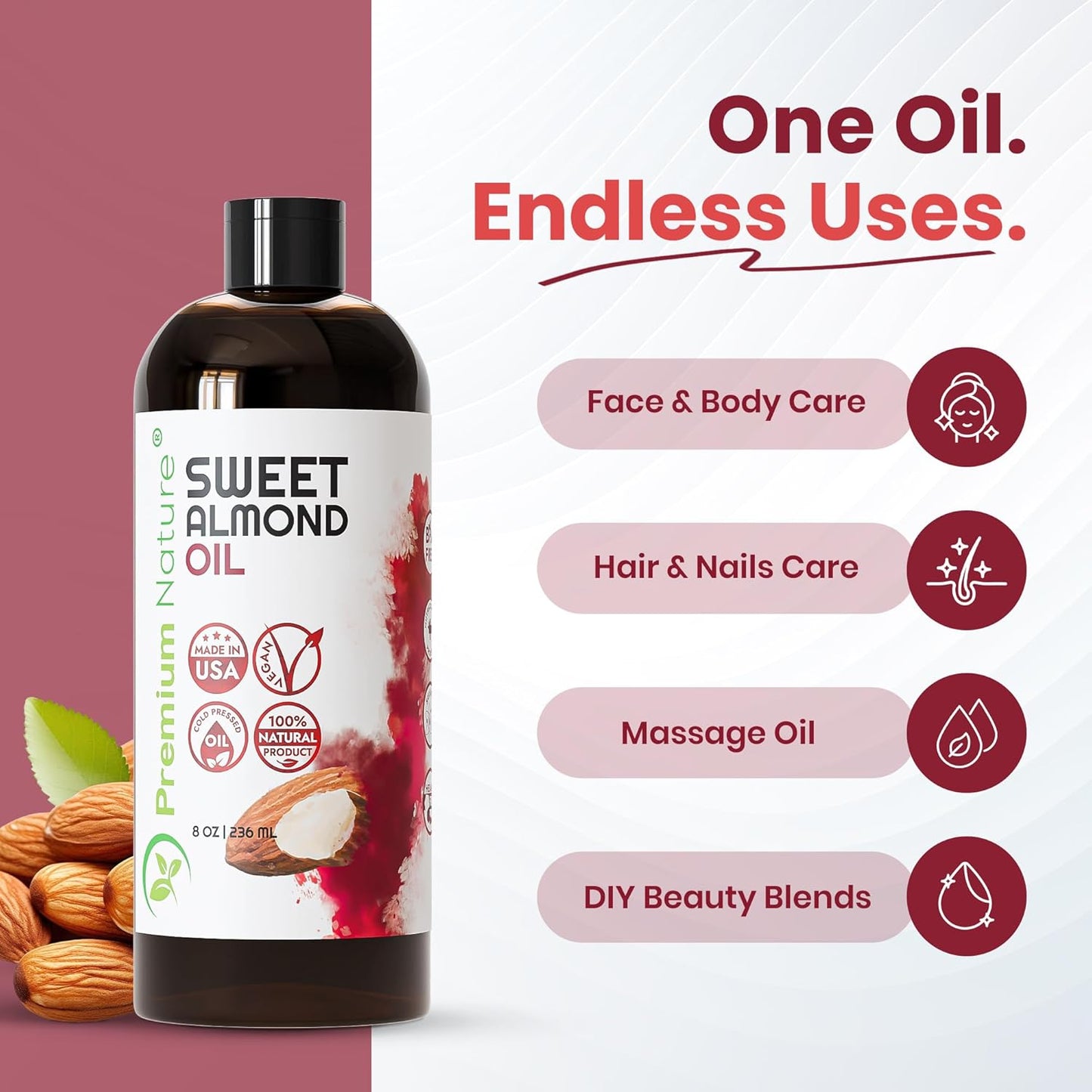 Sweet Almond Oil 8 oz - 100% Pure, Cold Pressed, Unscented Moisturizing Oil for Skin, Hair & Body, Lightweight Carrier Oil for Massage, DIY Beauty and Essential Oils Mixing