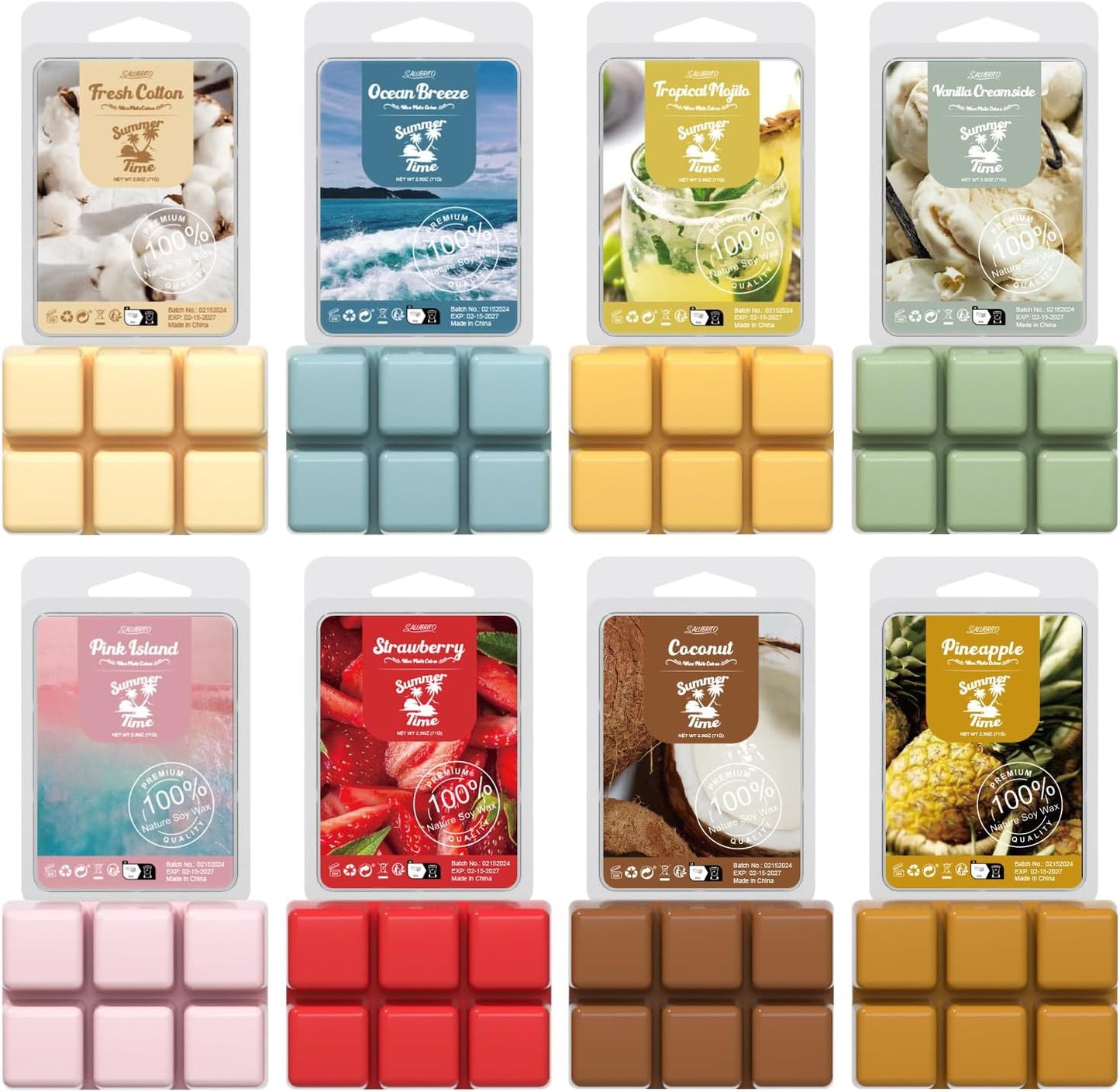 Salubrito Summer Scented Wax Melts, Strong Scented Soy Wax Cubes/Tarts Variety Gift Set, Fresh Cotton, Ocean Breeze, Mojito, Pink Island, Coconut, Pineapple, Vanilla Cream, Strawberry, 8x2.5oz