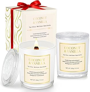 2 Pack Wood Wick Coconut & Vanilla Candle Gift Set – Long Lasting Soy Wax Candles with Gift Boxes, Holiday Aromatherapy Candles for Home Decor & Holiday Gifts