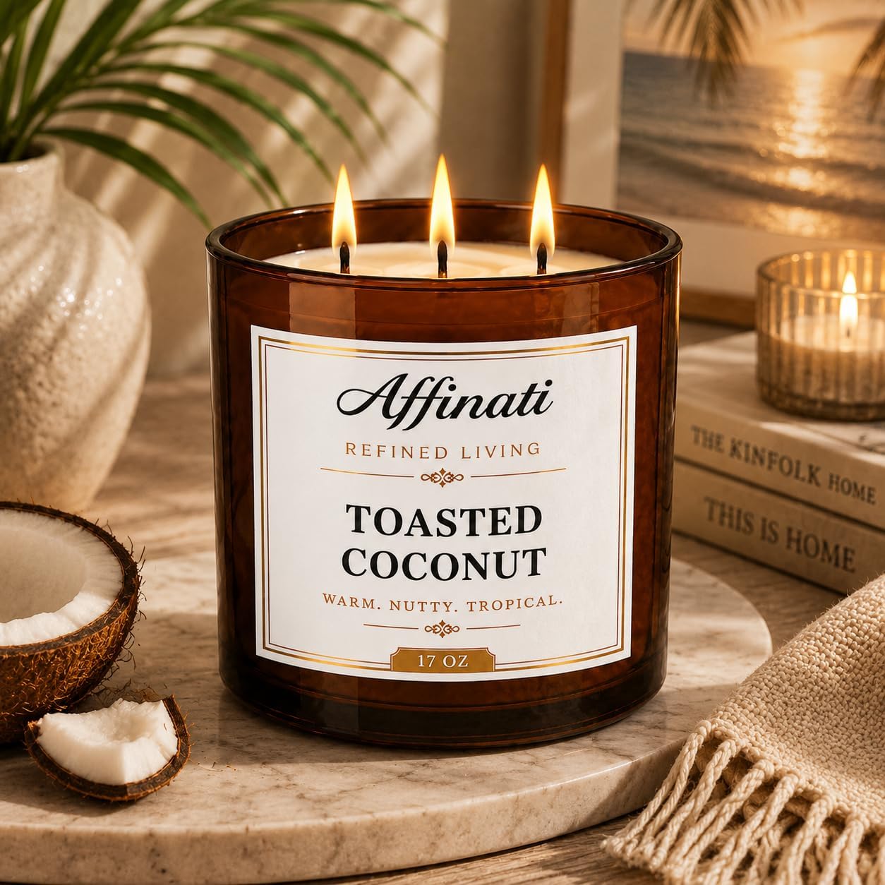 Affinati Toasted Coconut 3 Wick Scented Candle – Large Soy Blend Candle, Strong Scent Throw Warm Rich Paradise Tropical Vibe Candle, Premium Clean Burning Luxury Gift