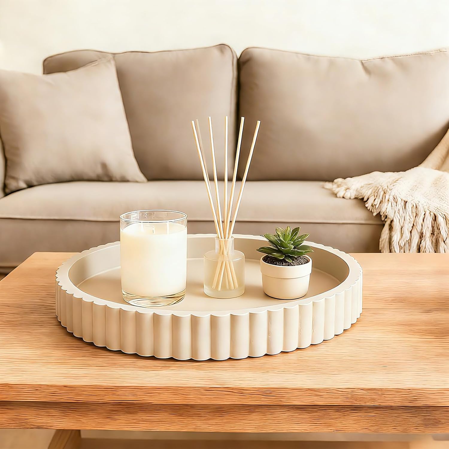 Round Decorative Tray for Coffee Table Decor - Resin Modern Table Centerpieces Decorative Trays for Kitchen, Dining, Living Room, Home Decor Housewarming Gift - Gray