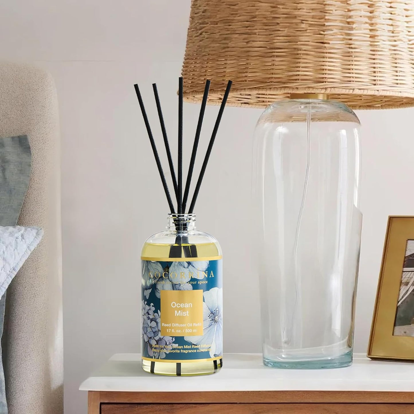 Cocorrína Reed Diffuser Refill Ocean Mist 17oz (500ml) with 8 Sticks - Premium Long-Lasting Scented Oil, Home Fragrance for Bedroom, Bathroom Home Decor