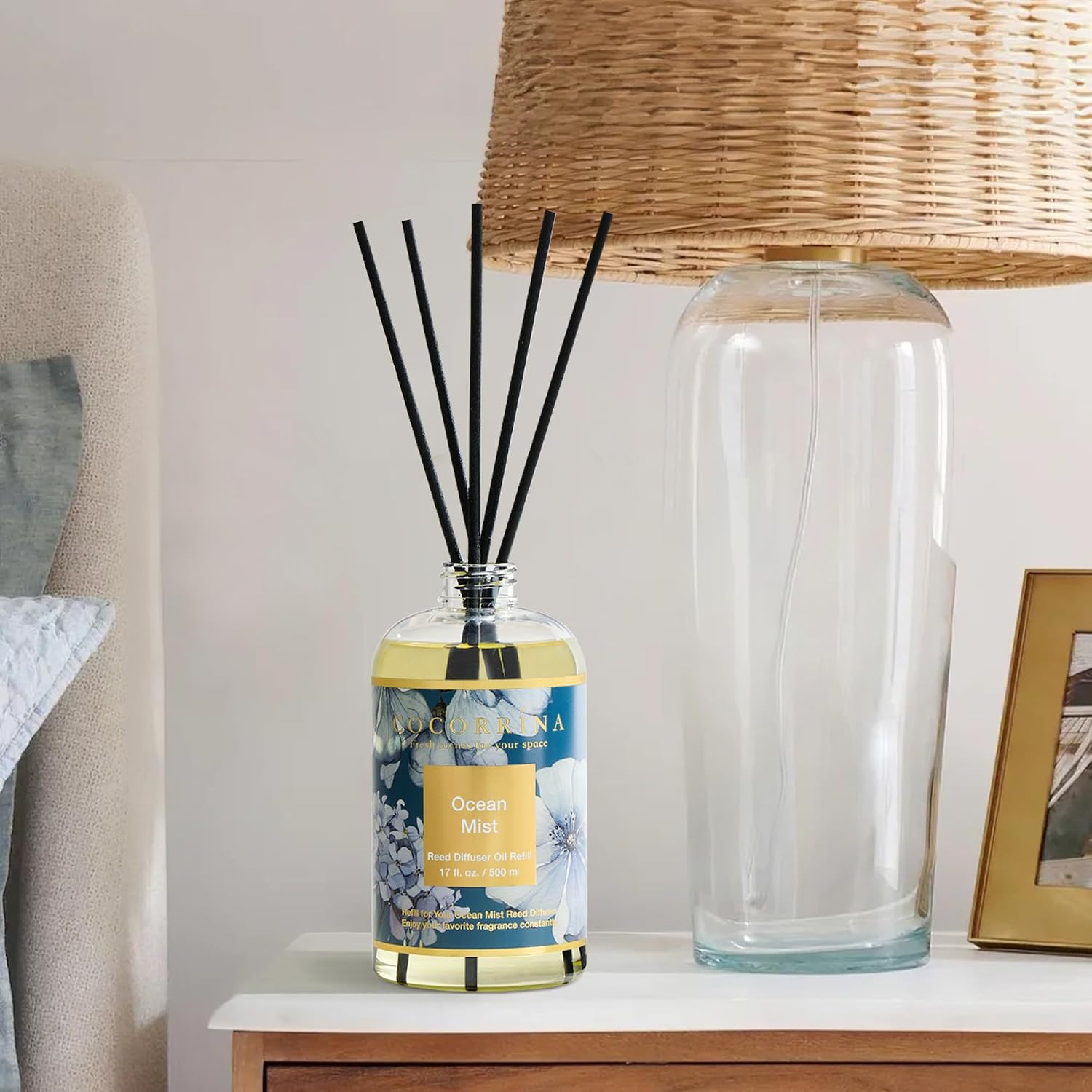 Cocorrína Reed Diffuser Refill Ocean Mist 17oz (500ml) with 8 Sticks - Premium Long-Lasting Scented Oil, Home Fragrance for Bedroom, Bathroom Home Decor