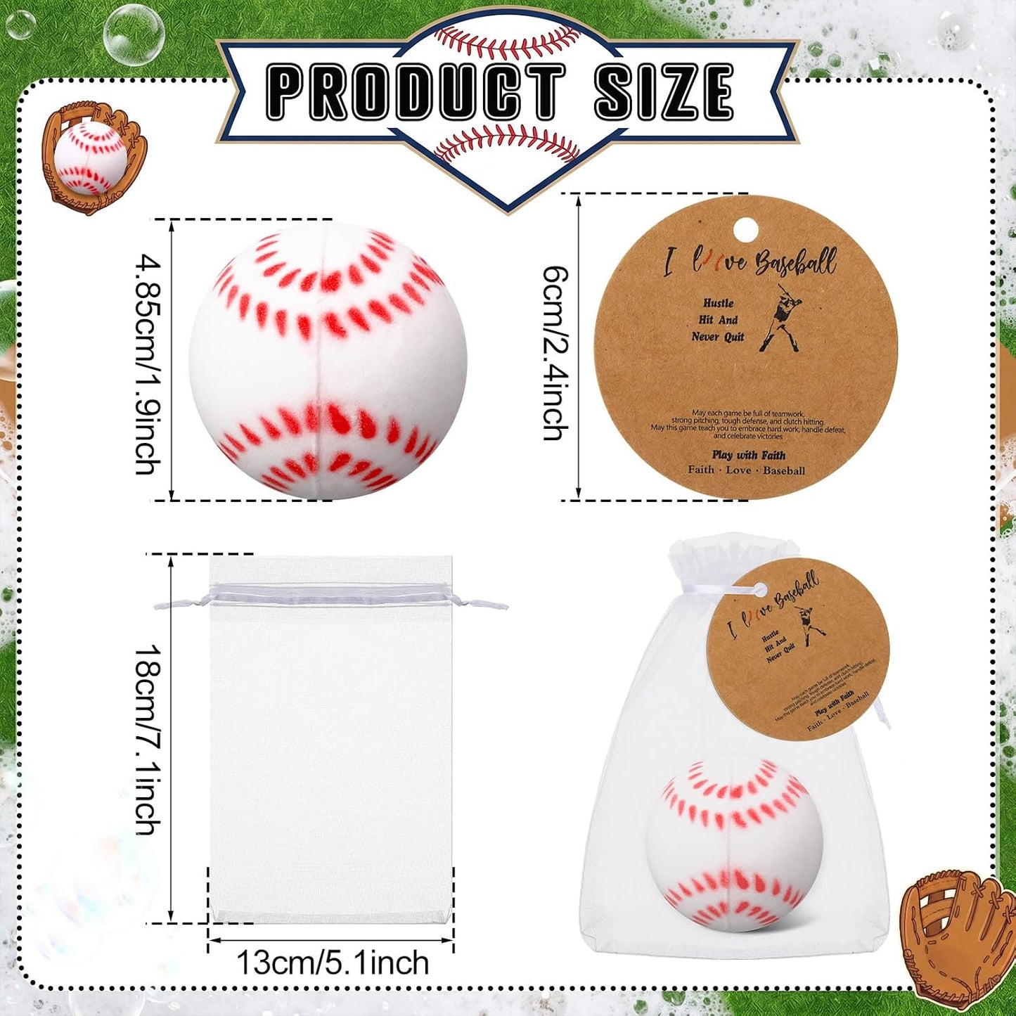 24 Set Baseball Sports Party Favors Gift Baseball Bath Bomb Set with Card Organza Bags Scented Novelty Fizzy Balls for Players Women Coach Team Gift Birthday Senior Night Favors