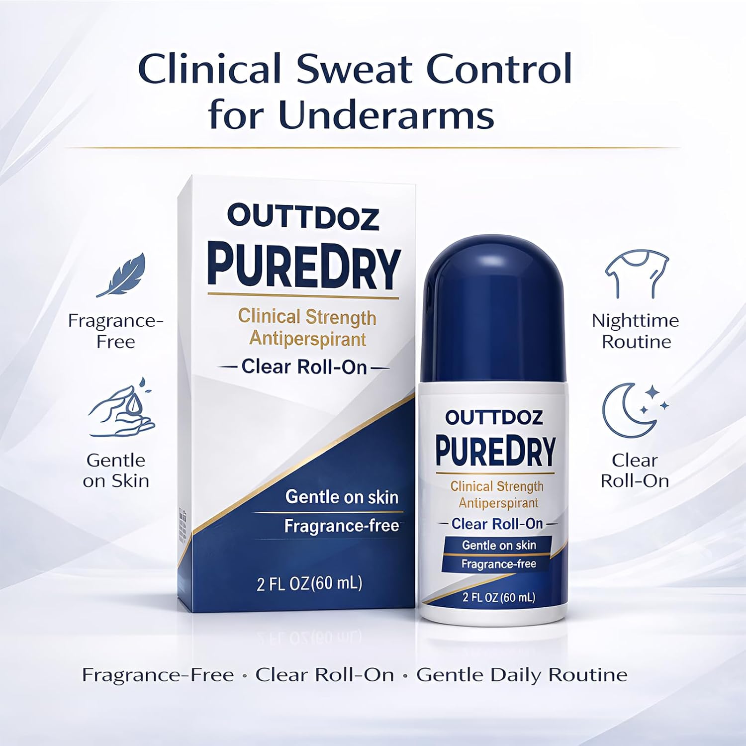 PURE DRY Antiperspirant Roll-On for Underarms, Fragrance-Free Clinical Sweat Control for Men & Women, Clear Nighttime Formula for Sweaty Underarms, Alcohol-Free, 2 fl oz