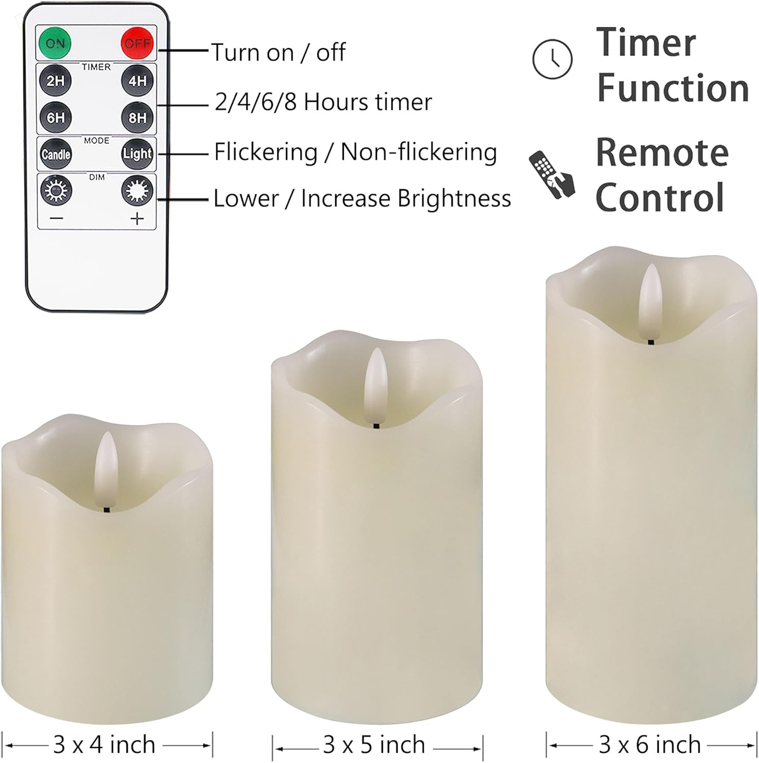 Flickering flameless Candles, Battery Operated Candles with Remote, led Pillar Candles，Electric Candle Set of 3，Christmas Home Wedding Birthday Decor（Ivory White） ﻿ ﻿