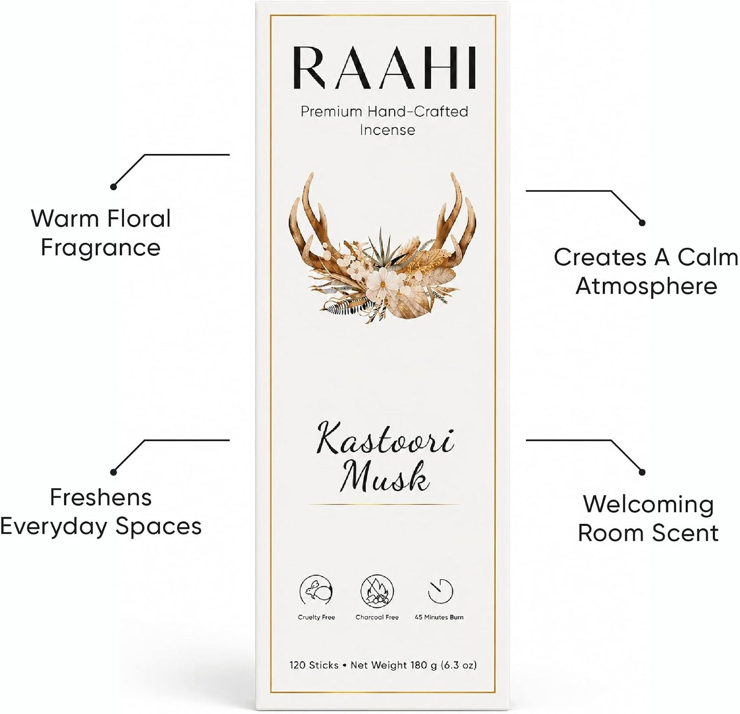 RAAHI Kastoori Musk Incense Sticks with Holder, 120 Count, Handcrafted Scented Incense for Home Fragrance, Meditation, Yoga and Room Ambiance