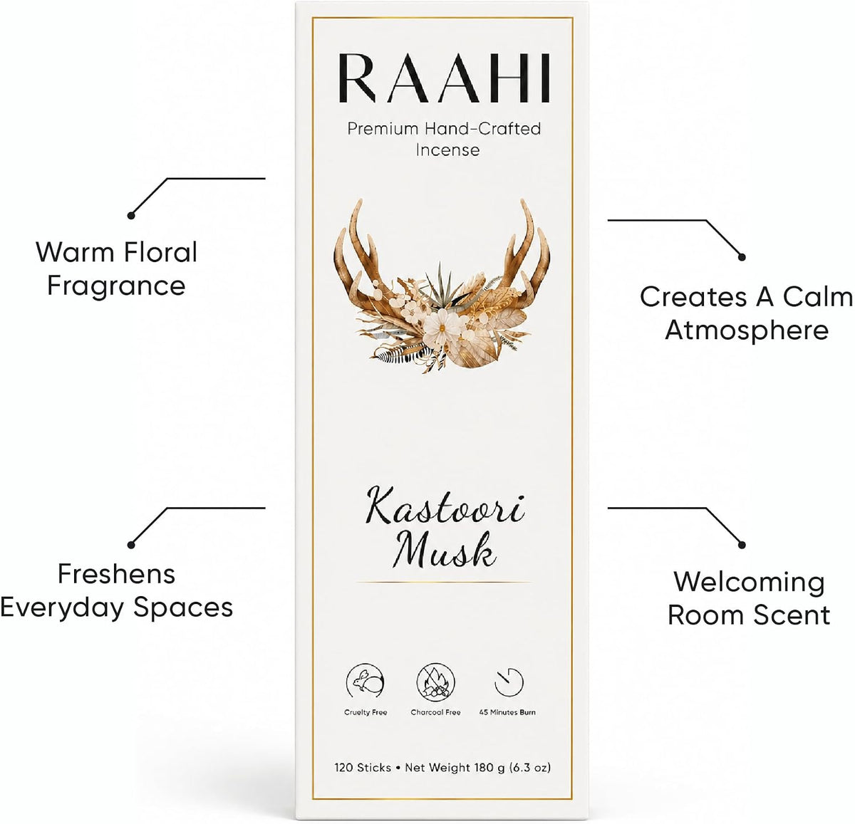 RAAHI Musk Incense Sticks with Holder, 120 Sticks, Handcrafted Scented Incense for Home Fragrance, Meditation, Yoga and Room Ambiance