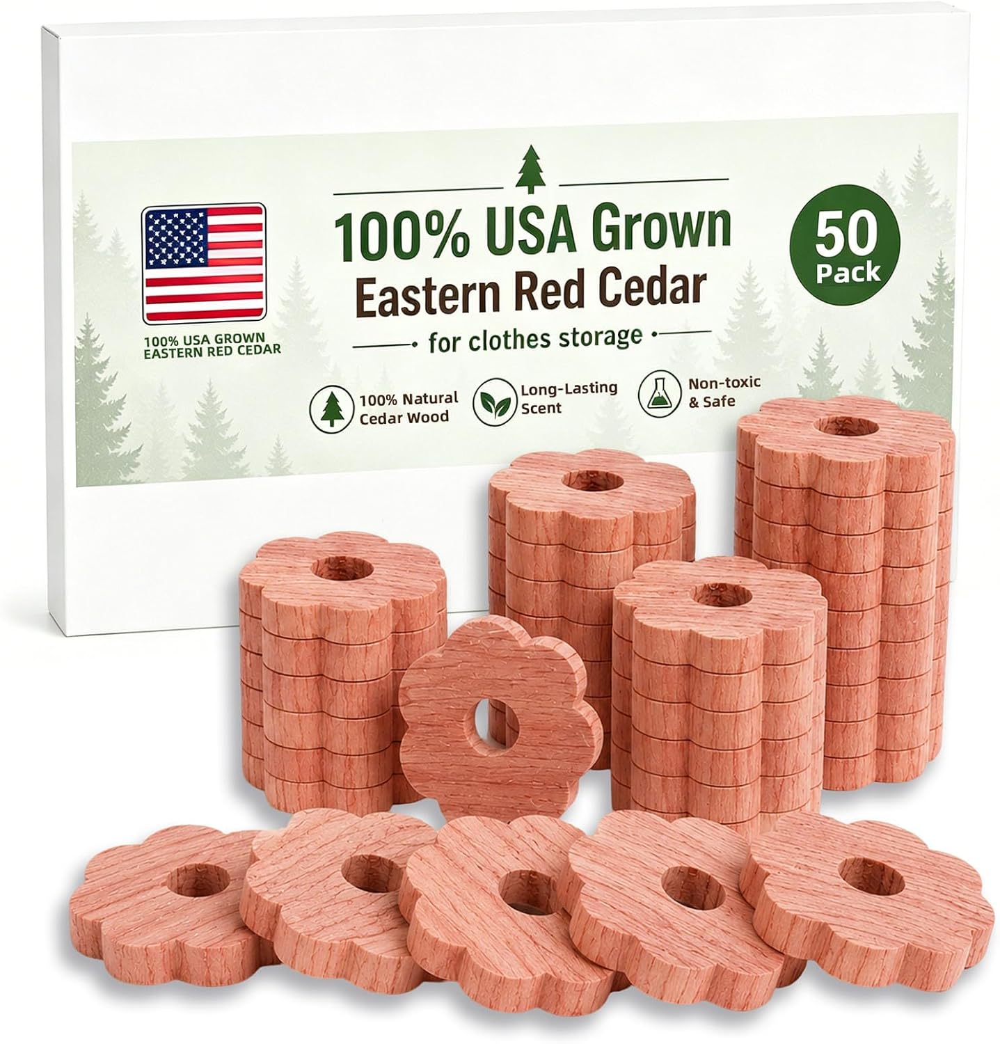 Cedar Blocks for Clothes Storage, 50 Pack 100% Natural Cedar Rings for Wardrobe Closet,Aromatic Scent Cedar Rings for Clothes Storage, Closets Clothes Hangers and Drawers
