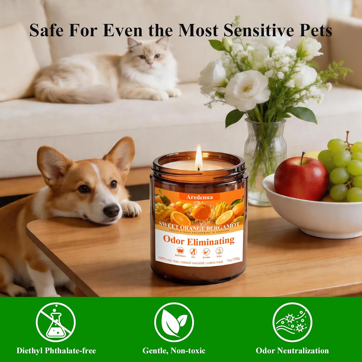 Sweet Orange Bergamot Odor Eliminating Candle | Eliminates 95% of Pet, Smoke, Food & Other Smells – Fresh Air Scented Candle Gentle for Family - Up to 50 Hour Burn time - 7 Oz Natural Soy Wax