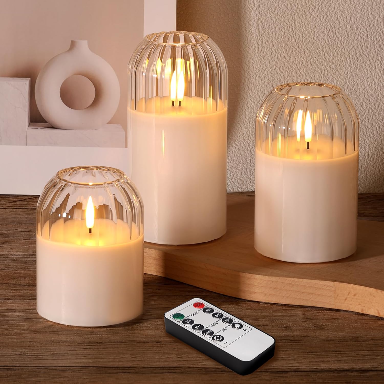 Clear Glass Flameless Candles with Remote, Flickering LED Pillar Candles Battery Powered Ribbed Dome Top Set of 3