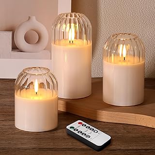 Clear Glass Flameless Candles with Remote, Flickering LED Pillar Candles Battery Powered Ribbed Dome Top Set of 3