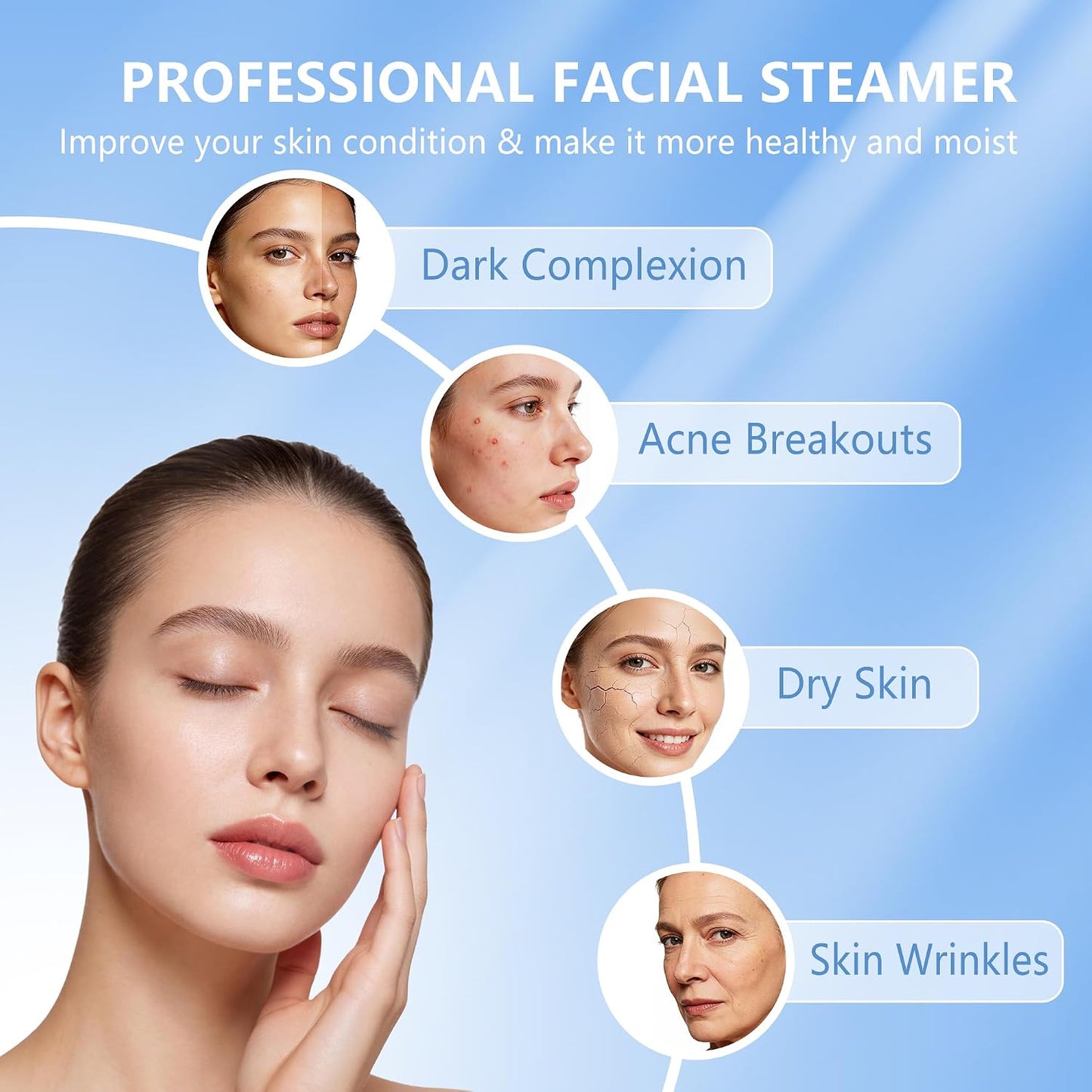 Professional Facial Steamer for Face Professional Deep Cleansing with Hot Mist Function Stand on Wheel, High Frequency for Home Spa Salon Beauty Skin Care, White