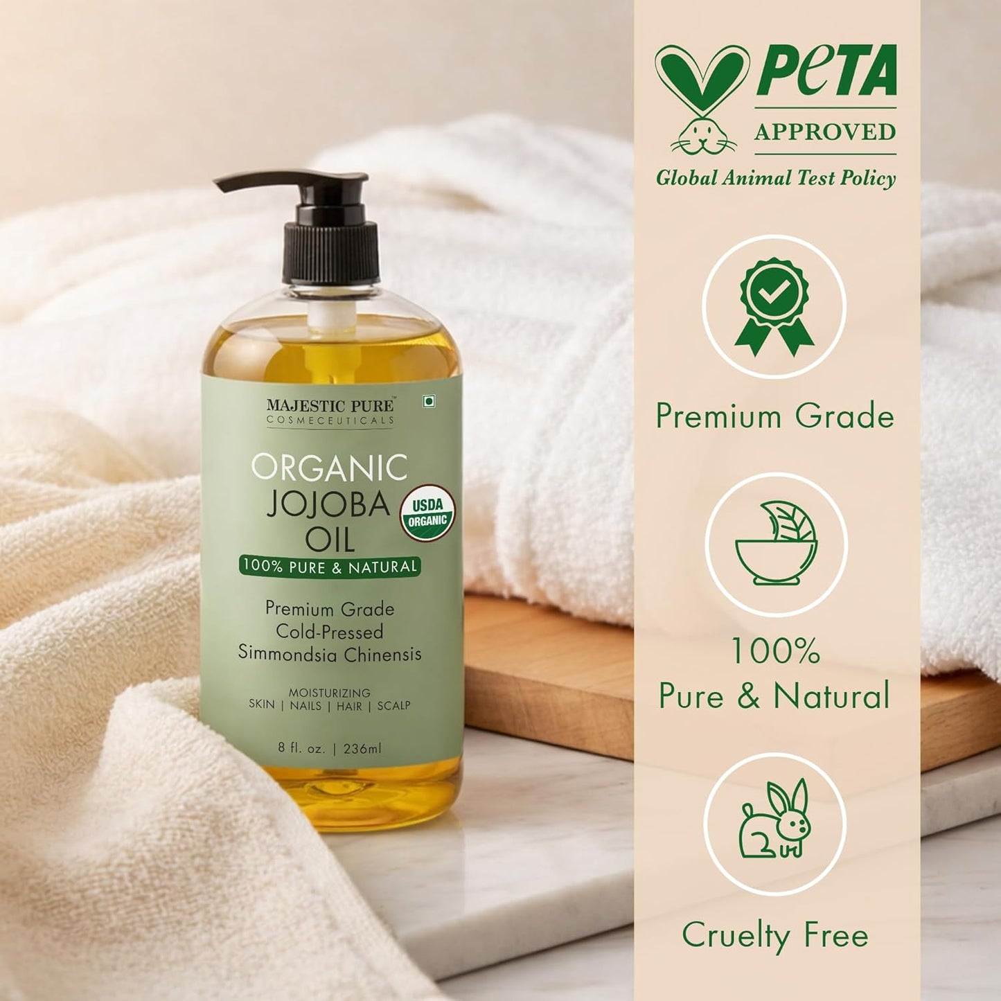 Majestic Pure Oil - 100% Pure and Natural- Cold Pressed & Hexane Free Natural Hair Growth Oil for Eyelashes, Eyebrows, Skin, Body, Face, Nails & Scalp - Jojoba Oil with Roll On 8 Fl Oz