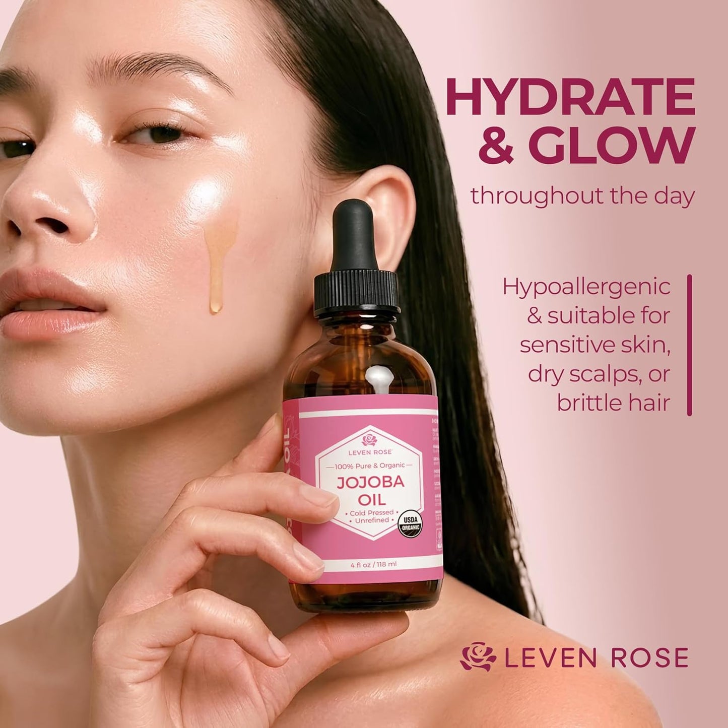 Leven Rose Jojoba Oil Organic, Pure Cold Pressed Carrier Oil, Natural Unrefined Moisturizer for Skin Hair and Nails 4 oz
