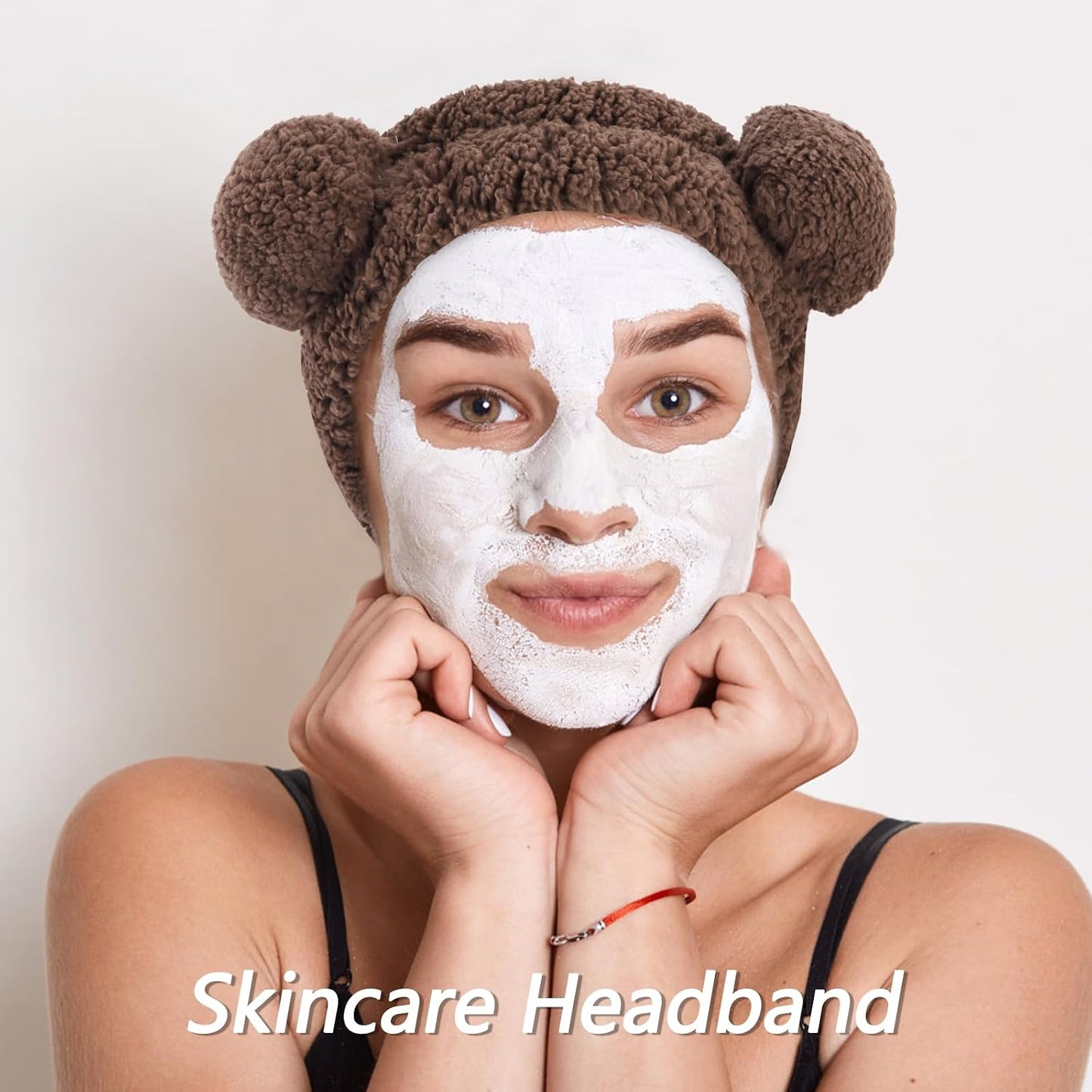 VELSCRUN Spa Headband, Makeup Face Wash Skincare Headbands, 5 Pcs Sponge Get Ready Bear Ears Hairband Facial Wristband Hair Clip Set, Stuff for Teen Girls Women Trendy Hair Accessories Dark Brown