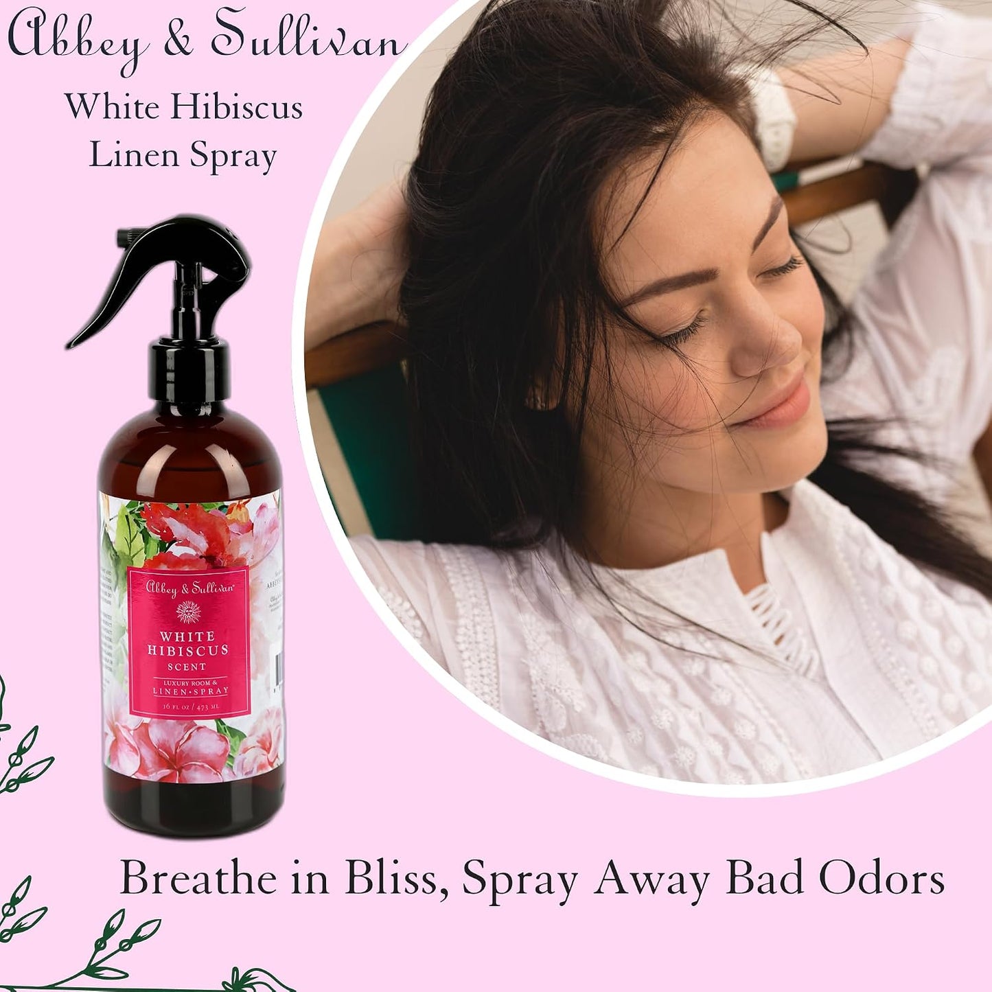 Abbey & Sullivan Linen Spray, White Hibiscus, Fabric Freshener and Fragrance Room Spray, Pack of 2, 16 oz
