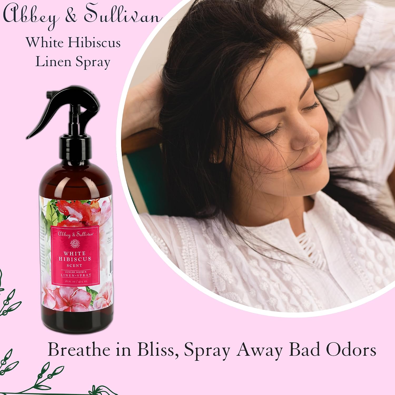 Abbey & Sullivan Linen Spray, White Hibiscus, Fabric Freshener and Fragrance Room Spray, Pack of 2, 16 oz