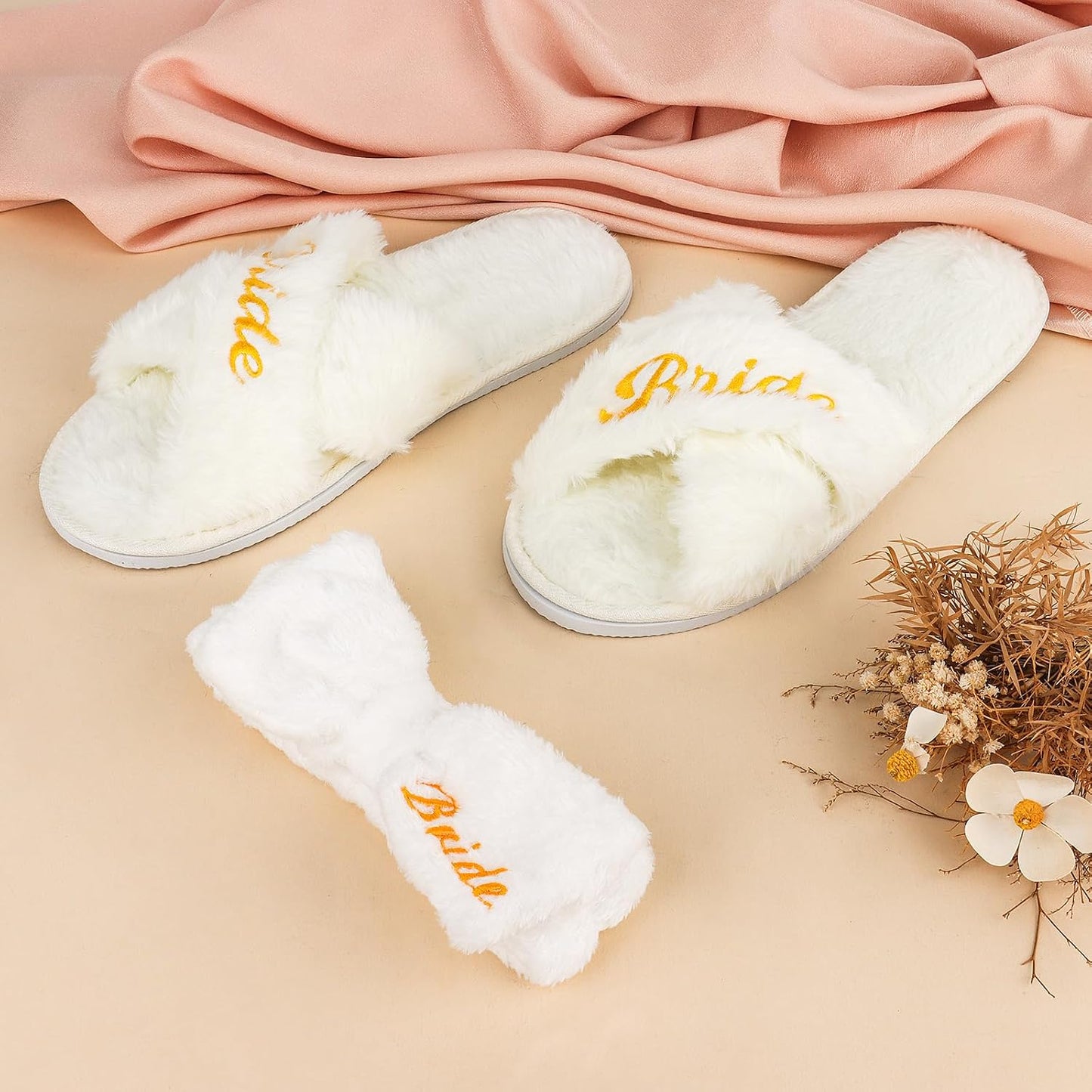CIEHER Bride Spa Headband & Bride Slippers Set, Bride to Be Slippers Bride Gifts for Bachelorette Party Favors Bridal Shower Decorations Bride Aaccessories for Wedding Day