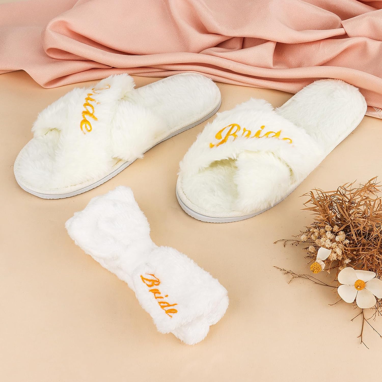 CIEHER Bride Spa Headband & Bride Slippers Set, Bride to Be Slippers Bride Gifts for Bachelorette Party Favors Bridal Shower Decorations Bride Aaccessories for Wedding Day