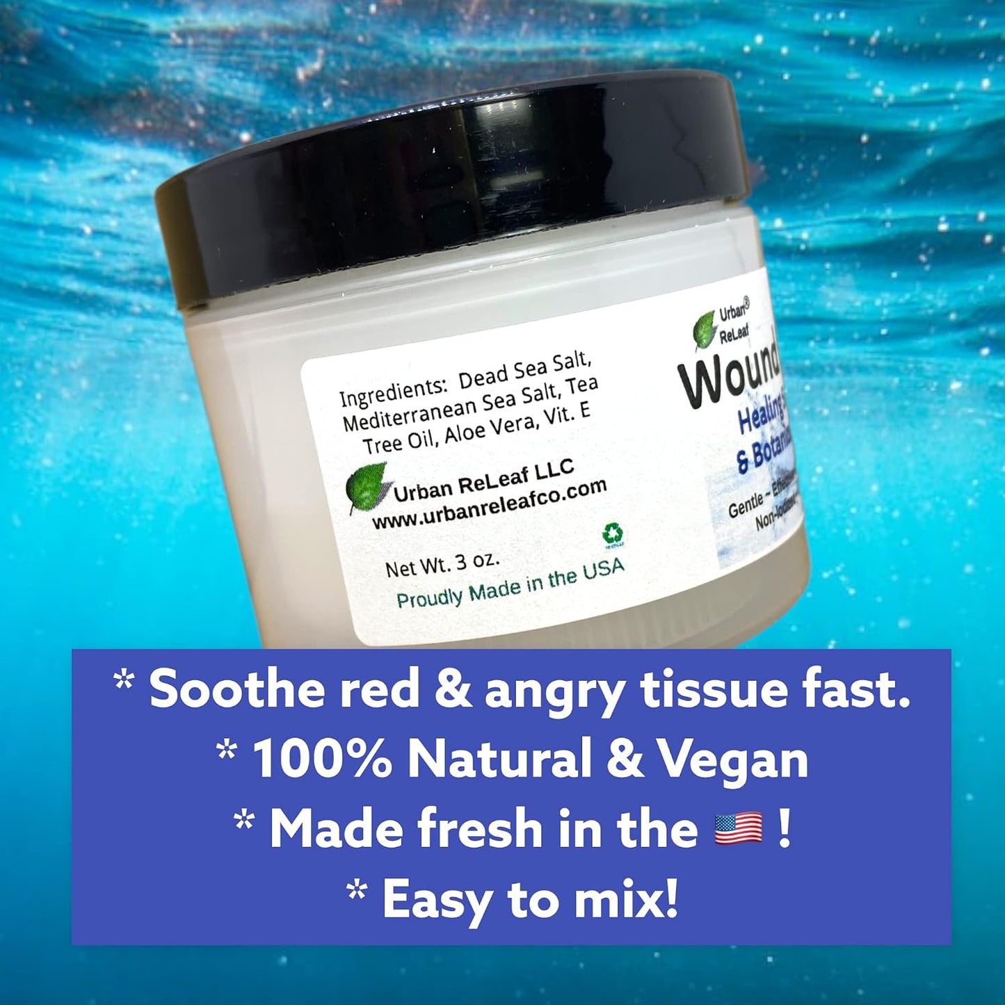 Urban ReLeaf Wound Care ! Soothing Sea Salt & Botanical SOAK ! Clean and Calm Wounds. Gentle, Effective, Non-iodized, 100% Natural. Vitamin Rich