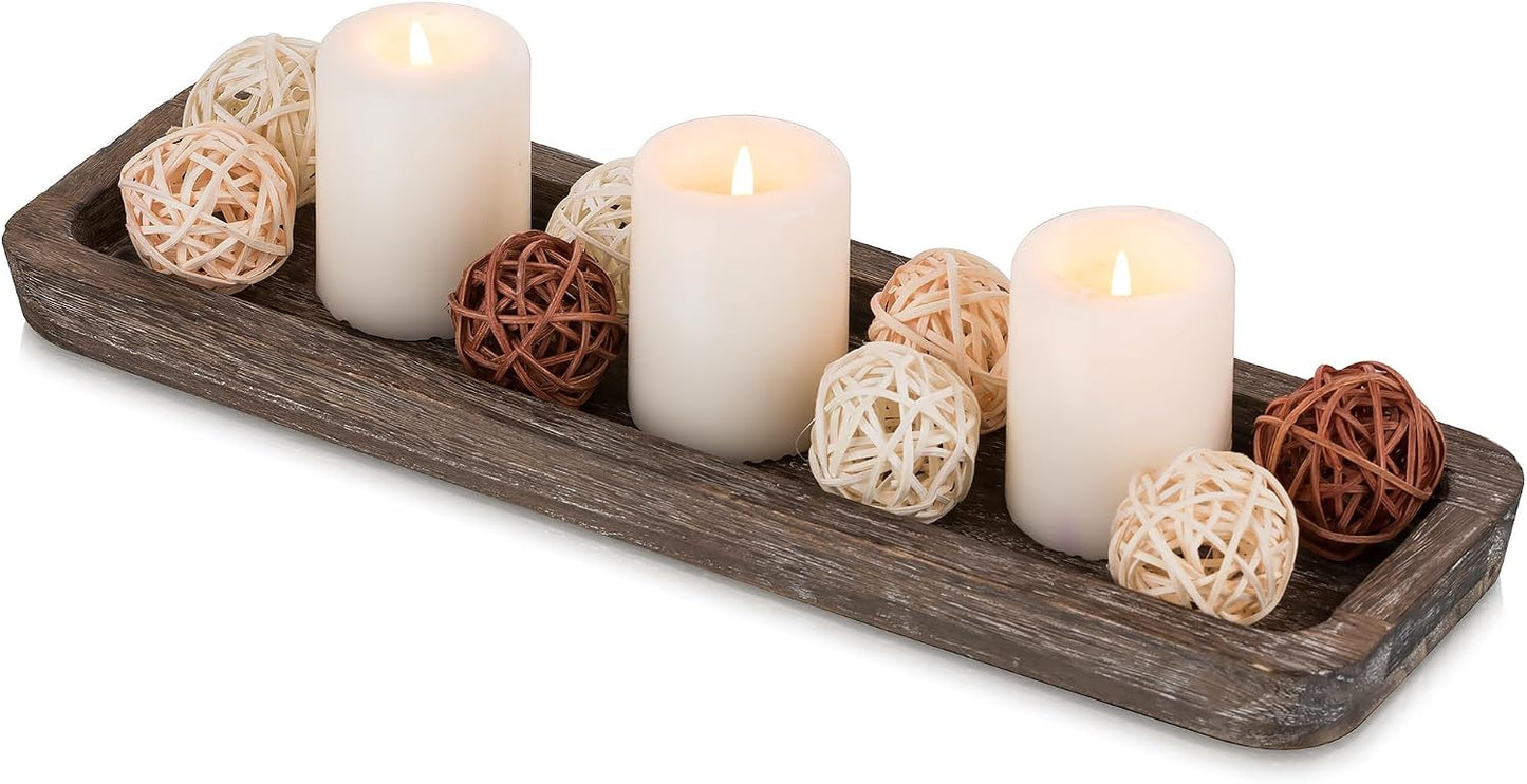 Hanobe Rustic Wood Centerpiece Tray: Decorative Tealight Candle Holders Long Farmhouse Candle Plate Wooden Table Centerpiece for Dining Room Kitchen Coffee Table Rectangular Trays Home Decor