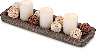 Hanobe Rustic Wood Centerpiece Tray: Decorative Tealight Candle Holders Long Farmhouse Candle Plate Wooden Table Centerpiece for Dining Room Kitchen Coffee Table Rectangular Trays Home Decor