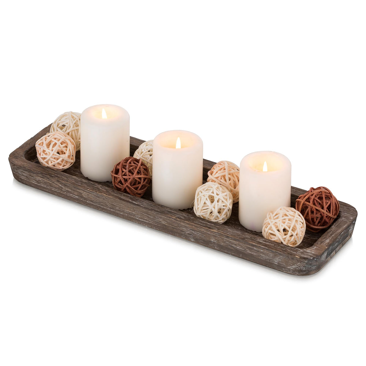 Hanobe Rustic Wood Centerpiece Tray: Decorative Tealight Candle Holders Long Farmhouse Candle Plate Wooden Table Centerpiece for Dining Room Kitchen Coffee Table Rectangular Trays Home Decor