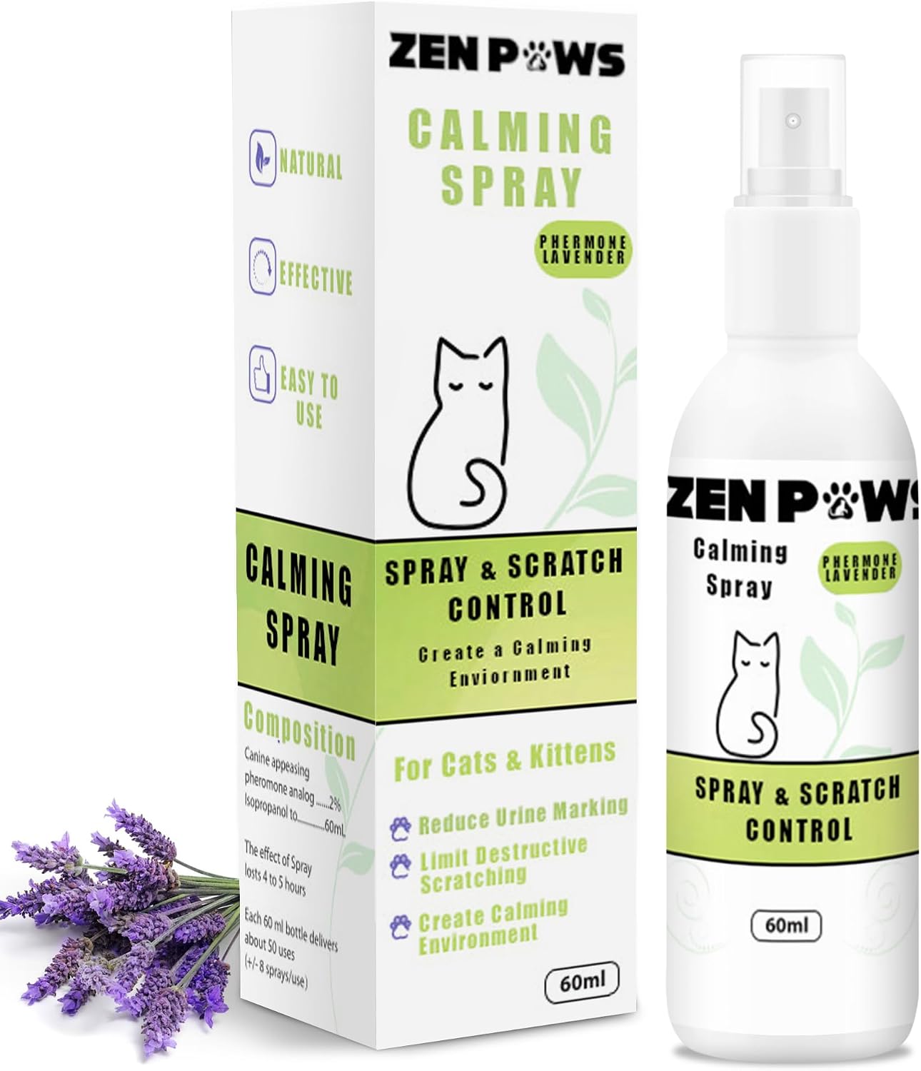 Zenpaws Cat Phermone Calming Spray - Quickly Relieve Stress - Reduces Scratching Furniture, Peeing, Marking, Anxiety - Supports Relief for Fireworks, Travel, Vet Visits 60ml