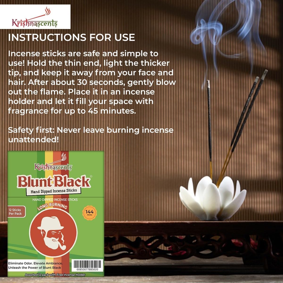 Blunt Black Hand-Dipped Incense Sticks | Premium 12 Assorted Packs - 144 Sticks, 11" Long | Aromatherapy with Long Burn Time | Free Wooden Stick Holder (Scents May Vary)