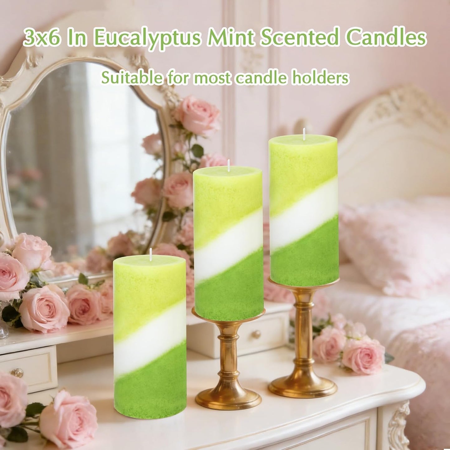 Eucalyptus Mint Scented Pillar Candles, 3x6 Inch Green and White Striped 100% Cotton Core Paraffin Wax Candles for Home Room Shelf Decor Idea, Set of 3