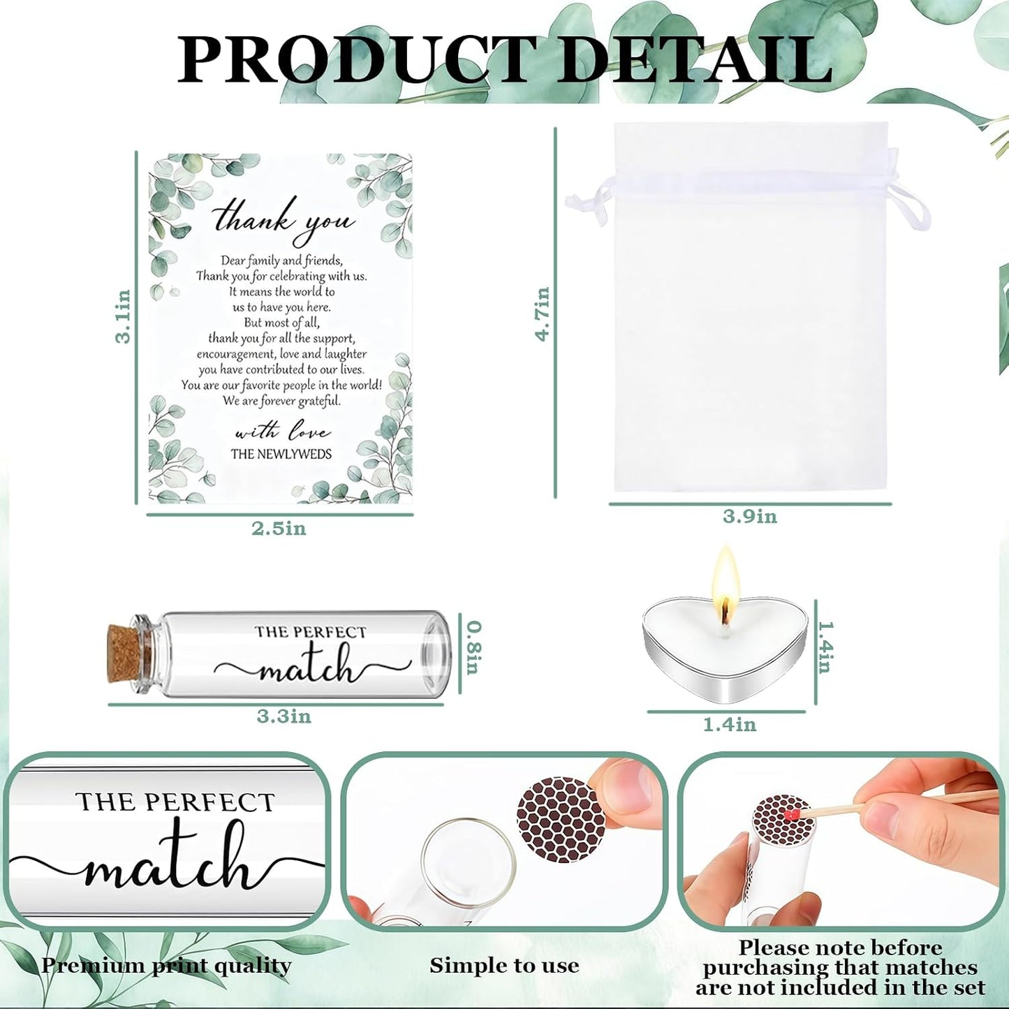 50 Set Wedding Party Favors for Guests Bulk, Mini Heart Shaped Candles Empty Matches Jars with Cork Top Thank You Cards and Organza Bags for Wedding Bridal Shower Guest Souvenir Gift